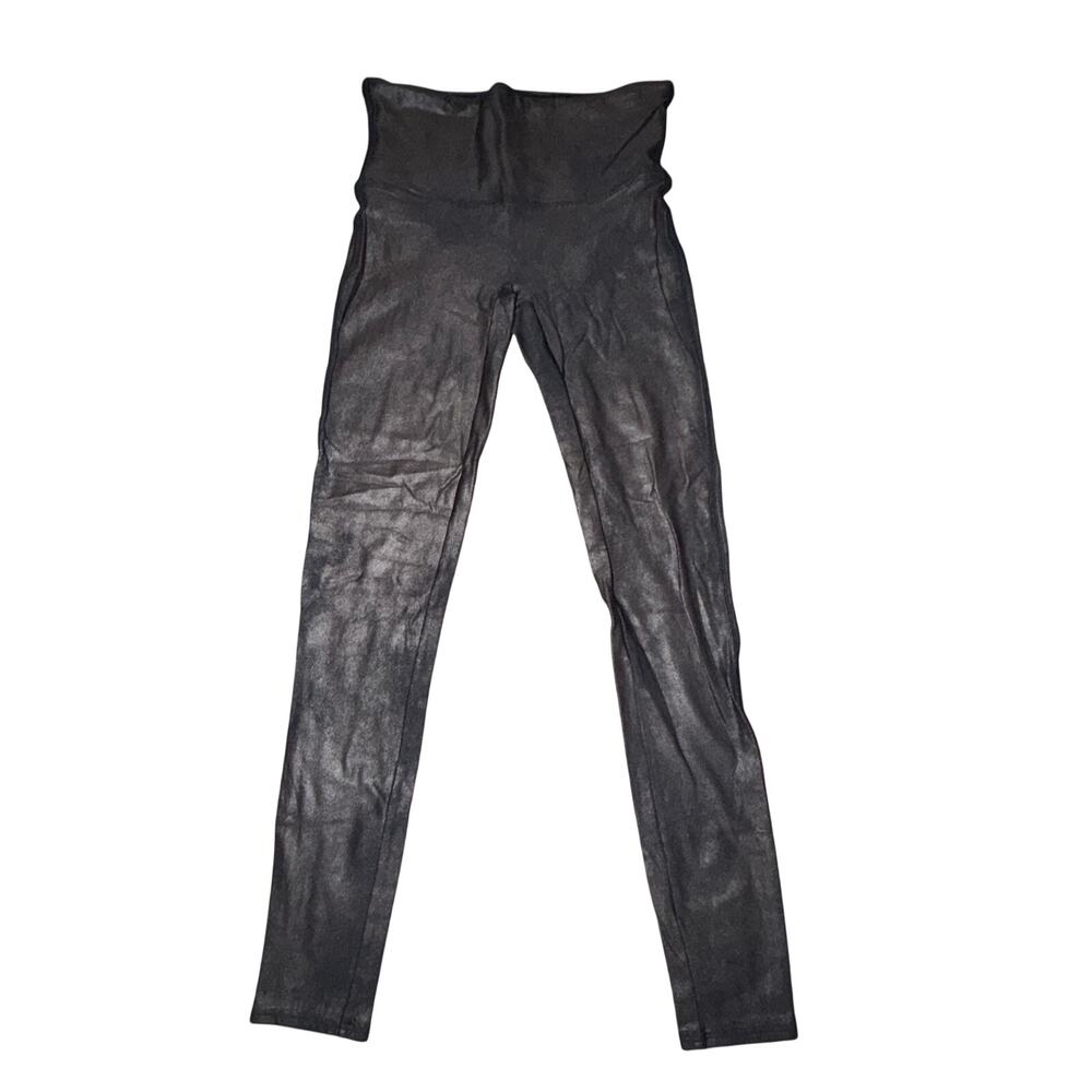 Spanx Faux Leather Leggings Women's Size L Petite Black High Rise Compression